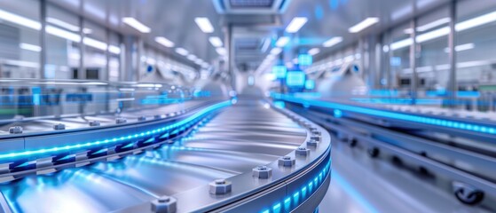 Fototapeta premium Futuristic pharmaceutical production facility, glowing conveyor belts and robotic equipment, clean and advanced, Neon colors, Photography