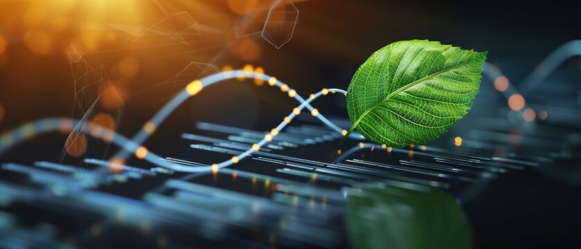Green leaf forming an infinity loop over a business stock chart, highlighting continuous success, detailed and vibrant, Realistic, Digital painting