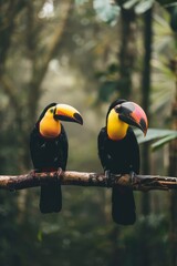 Fototapeta premium Two toucans perch on a tree branch in a tropical forest One sports a yellow beak, while the other boasts a black and yellow beak