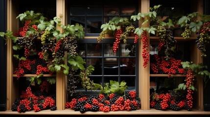 A window adorned with various types of berries including red, black, and green ones, with green leaves interspersed. 