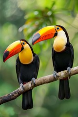 Naklejka premium Two toucans on a clear tree branch against a softly blurred backdrop of leaves and a tree