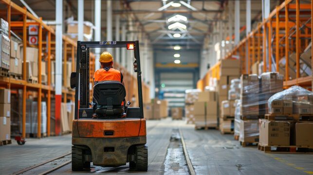 chariot &eacute;l&eacute;vateur qui transporte des palettes dans un hangar logistique de stockage