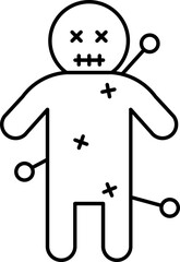 Black Line Art Voodoo Doll Icon in Flat Style.