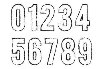 Hand drawn grunge vector numbers. Dirty textured font. Black ink characters isolated on white background. Dirty painted numbers set. Dry brush texture. Typography vector elements