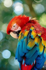 Obraz premium A tight shot of a vibrant parrot perched on a branch, with backlight softly illuminating its head