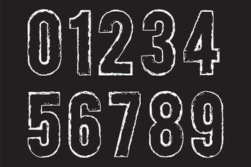 Hand drawn grunge vector numbers. Dirty textured font. Black ink characters isolated on white background. Dirty painted numbers set. Dry brush texture. Typography vector elements
