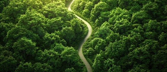 Aerial view of a winding green forest path, labeled as a sustainability roadmap, lush greenery, bright sunlight, clear and detailed, Realistic, Digital painting