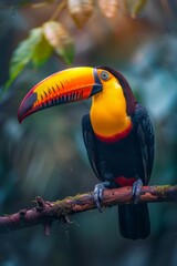 Fototapeta premium A vibrant toucan perches on a verdant branch against a backdrop of lush green foliage and a serene blue sky