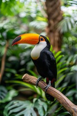 Obraz premium A toucan perches on a branch against a backdrop of palm trees and lush greenery in a tropical setting
