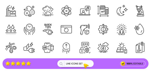 Attached info, Sunset and Biometric security line icons for web app. Pack of Swipe up, Atom, Electricity plug pictogram icons. Electricity factory, Yoga, Floor plan signs. Solar panel. Vector
