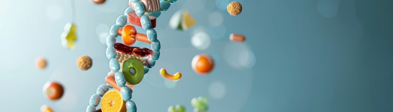 Abstract DNA helix composed of junk food items, illustrating the impact of the FTO gene on unhealthy eating, bright colors, Modern, Illustration