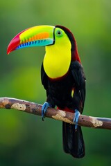  A toucan on a branch, sporting a vibrant, colored beak against a green backdrop