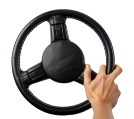 Closeup of a hand gripping a black leather steering wheel, cut out - stock png.