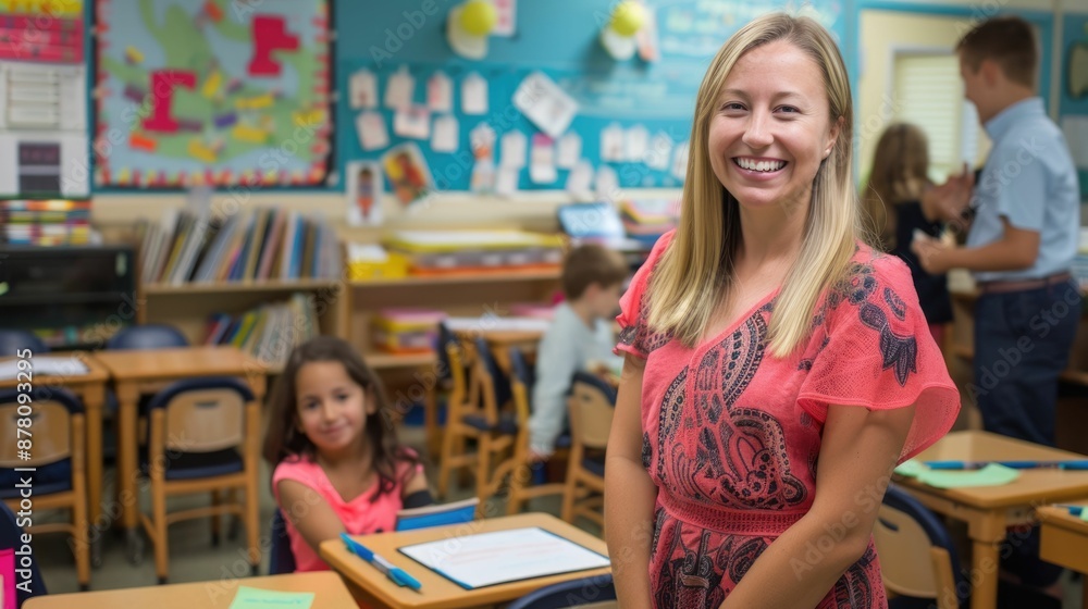 Poster smart teacher taking care diverse children while working at classroom at blurring background. skille
