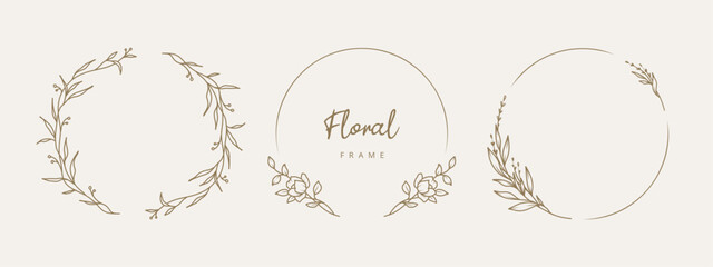 Hand drawn floral frames with flowers, branch and leaves. Elegant logo template. Vector illustration for labels, branding, business identity, wedding invitation