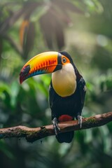 Obraz premium A towering, green tree is backdropped by a vibrant toucan perched on a branch, surrounded by lush, green leaves