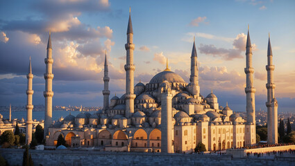 Naklejka premium the Hagia Sophia mosque in Istanbul, Turkey, with six tall minarets, a large central dome, and a sunset sky.