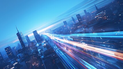 Fototapeta premium Cityscape and light speed lines, fast digital communication technology in urban environment. The design conveys modernity and technological sophistication to convey futuristic information