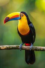  A toucan perched on a green branch, boasting a vibrant, colorful beak