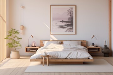 A modern minimalist bedroom featuring a wooden platform bed