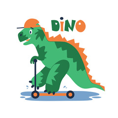 Cute dinosaur skater. Tyrannosaurus on a skateboard is a flat vector illustration. Suitable for printing on T-shirts and posters. 