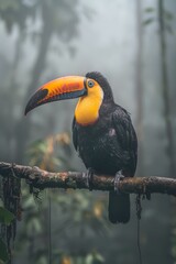 Obraz premium A toucan perches on a tree branch, surrounded by foggy forest Trees shrouded in mist form a backdrop