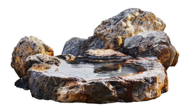 Small natural pool formed by rocks in a japanese garden, cut out - stock png.