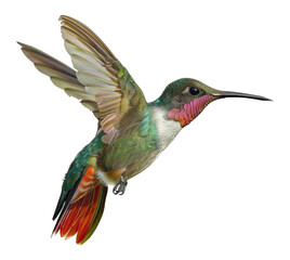 Ruby-throated hummingbird in flight, cut out - stock png.