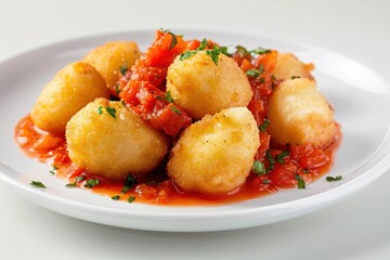 Fototapeta premium Spicy Tomato and Garlic Chutney with Golden-Fried Bocconcini