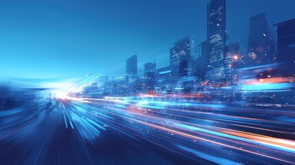 Cityscape and light speed lines, fast digital communication technology in urban environment. The design conveys modernity and technological sophistication to convey futuristic information