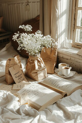  brown kraft paper, white flowers and vintage writing spread