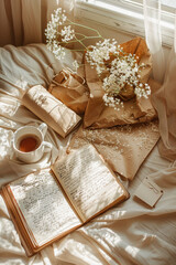  brown kraft paper, white flowers and vintage writing spread