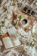 brown kraft paper, white flowers and vintage writing spread