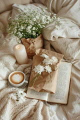  brown kraft paper, white flowers and vintage writing spread