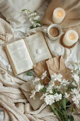  brown kraft paper, white flowers and vintage writing spread