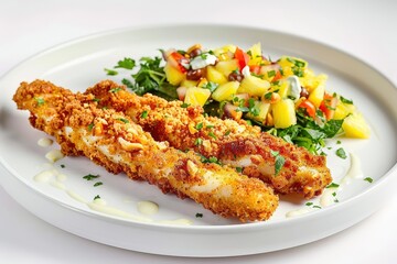 Fototapeta premium Flavorful Mahi-Mahi Macadamia Nut Fingers with Fresh Fruit and Mint