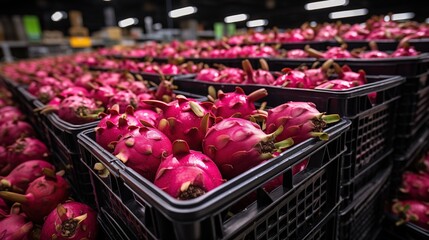 Rows of black crates filled with fresh dragon fruits in a warehouse setting.