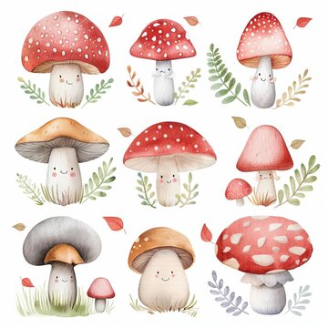 Fototapeta Mushroom clipart, forest element, watercolor illustration, autumn colors, isolated on white background