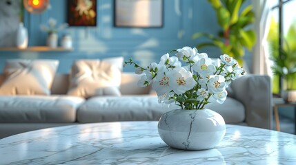 The marble table in the elegant living room creates a homely atmosphere. In front of it there is a small plant pot adding an elegant impression.
