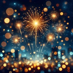 Naklejka premium Fireworks with bright, golden sparks against a night sky filled with a bokeh effect