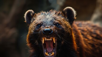 Fototapeta premium A tight shot of a grizzly bear's gaping maw, displaying widely extended teeth