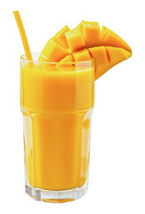 Freshly made mango smoothie with straw and sliced mango, cut out - stock png.