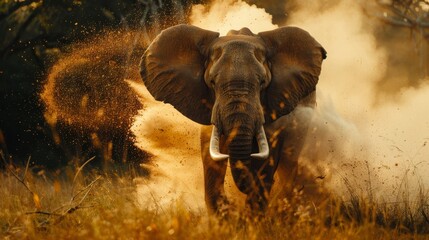  An elephant stands in a dusty field, raising its trunk Dust emerges from its back