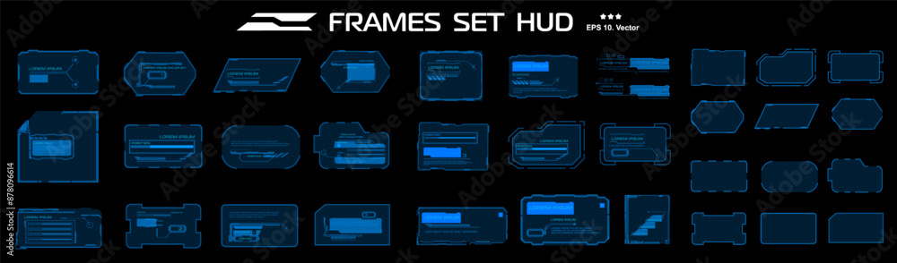 Fototapete Set blue neon frames. Holographic digital windows and frames. HUD UI dialogs. Frames and blocks with information and data. Graphic modern HUD interface elements. Vector templates with frames
