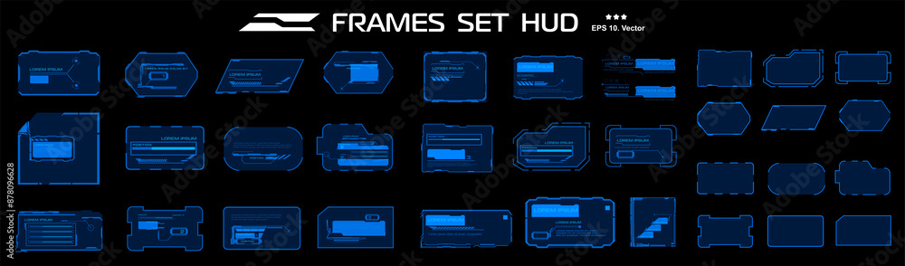 Fototapete Set blue neon frames. Holographic digital windows and frames. HUD UI dialogs. Frames and blocks with information and data. Graphic modern HUD interface elements. Vector templates with frames