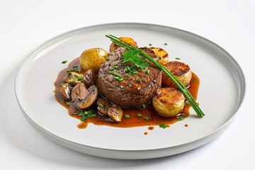 Elegant Plating of Demi-Glace Sauce with Roasted Vegetables and Herbs
