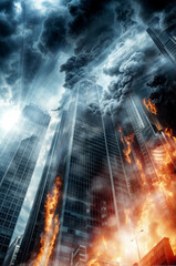 Fototapeta premium A city skyline is on fire with smoke billowing into the sky. The fire is so intense that it is visible from the top of the buildings