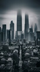 Obraz premium City panorama with high-rises and down town with gloomy fog. Vertical monochrome image of futuristic architecture