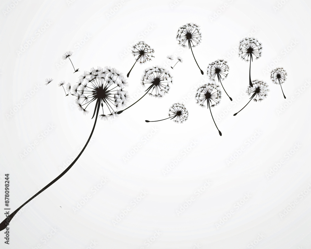 Poster dandelion flowers flying in the wind, vector illustration on a white background, simple design with 