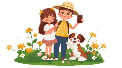 Fototapeta premium Illustration of smiling young children, a boy and a girl, with a happy little puppy, a sweet canine, on the grass in nature isolated from transparent background Vector, graphic, animals, friendship.